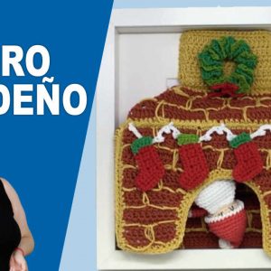 Kit amigurumi para Tejer el Cuadro Navideño de Papa Noel en Chimenea -con marco-